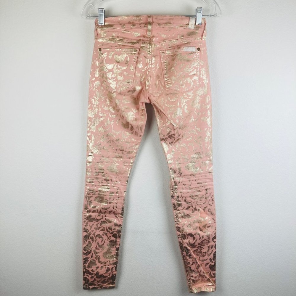 Jeans 7For All Mankind Pink Gold Leopard Print Jeans Low Rise 24 Waist SkinnyLeg - Picture 5 of 8
